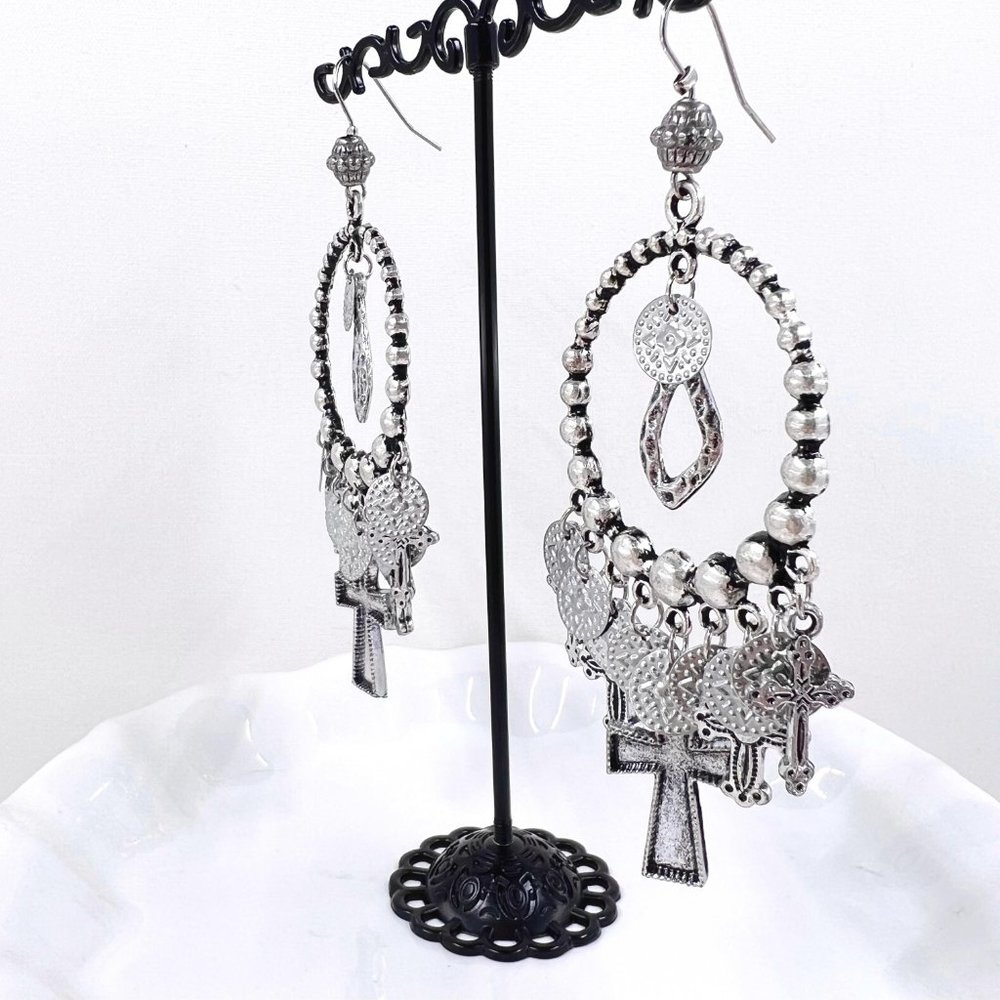 NWT – Charming Charlie – Cross & Disk Charms Silver Tone Dangle 4” Earrings - Picture 4 of 9